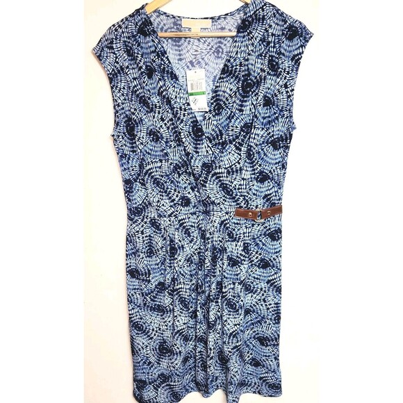 MICHAEL KORS Blue Sleeveless Mock Wrap Dress Gold Logo Buckle Size L - Picture 1 of 7